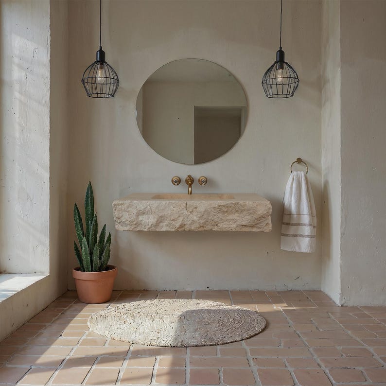 Pu&ograve; includere: Interno bagno con specchio rotondo, lavabo in pietra con rubinetteria in ottone e asciugamano appeso. Due lampade a sospensione in filo nero affiancano lo specchio. Un cactus in vaso e un tappeto ovale strutturato completano l'arredamento, su pavimento in piastrelle di terracotta.