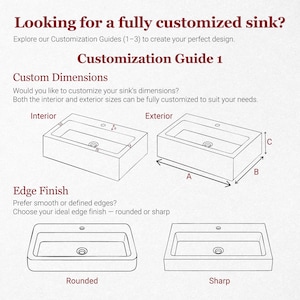 May include: Diagram of a rectangular sink with customization options. The image includes text: "Looking for a fully customized sink?" and "Customization Guide 1". It shows interior and exterior dimensions, and edge finish options: rounded or sharp.