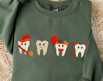 Spooky Halloween Dentist Faux Embroidered Sweatshirts, Dental Halloween Sweater,Matching Halloween Dental Hoodie,Dental Shirt,Dental T-Shirt