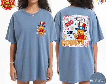 Comfort Colors® Red White & Pooh Shirt, USA Winnie The Pooh Tee, 4th Of July Vacation Tee