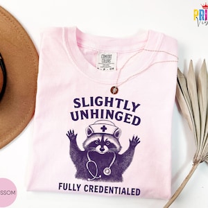 May include: A pale pink t-shirt featuring the text "SLIGHTLY UNHINGED" above a raccoon in a nurse's hat and stethoscope, with "FULLY CREDENTIALED" below. The shirt has a crew neck and short sleeves.