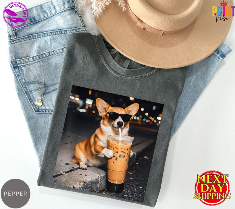 Comfort Colors® Funny Corgi Drinking Iced Coffee T-shirt, Vintage Corgi Dog Shirt, Corgi Mom Gift, Corgi Dad Unisex Tee, Dog Lover Shirt