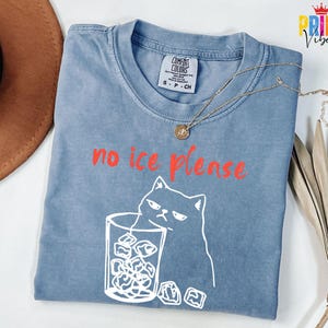 May include: A blue Comfort Colors t-shirt with the phrase "no ice please" in red. The shirt features a white graphic of a grumpy cat holding a glass of ice. A gold necklace with a pendant is on the shirt.