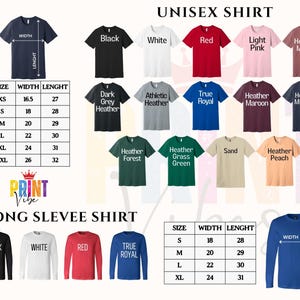 May include: A product image showcasing a variety of unisex t-shirts and long-sleeve shirts in various colors. The image includes a size chart with measurements in inches for both shirt styles. Colors include black, white, red, and blue.