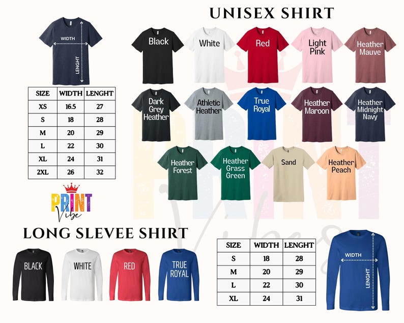 May include: A product image showcasing a variety of unisex t-shirts and long-sleeve shirts in various colors. The image includes a size chart with measurements in inches for both shirt styles. Colors include black, white, red, and blue.