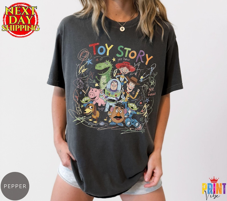 Comfort Colors® Toy Story Kids Shirt, Woody Buzz Childlike Drawing Tee