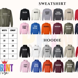 May include: A product image showcasing a variety of sweatshirts and hoodies in various colors, including black, white, red, and navy. The image also includes a size chart with measurements in inches, and the brand logo "PRINT Vibe".