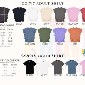 The image is a collage of various adult t-shirt designs, including different colors and styles, along with their corresponding measurements and descriptions.