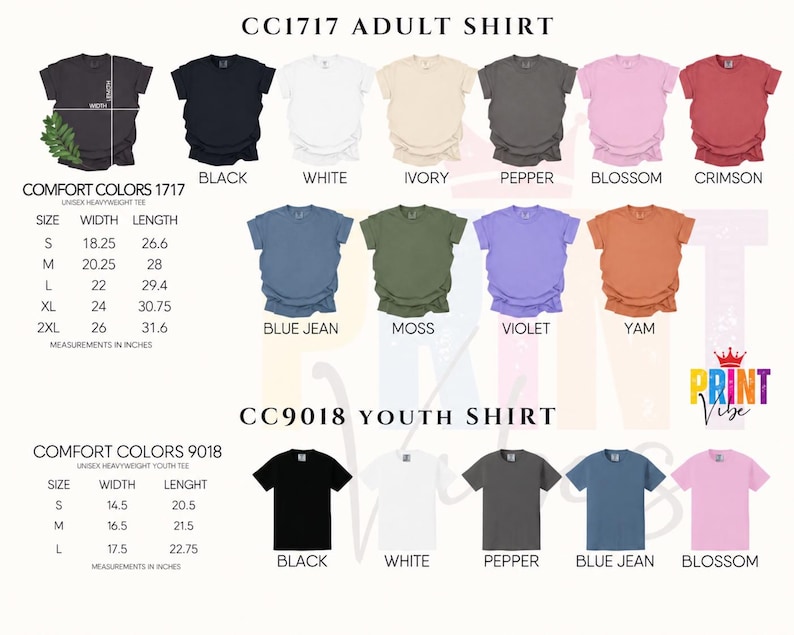 The image is a collage of various adult t-shirt designs, including different colors and styles, along with their corresponding measurements and descriptions.