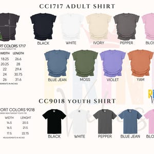 May include: A product image showcasing various Comfort Colors t-shirts in different colors, including black, white, and blue jean. The image also displays size and measurement details in inches for both adult and youth shirts. The brand name "Print Vibe" is visible.