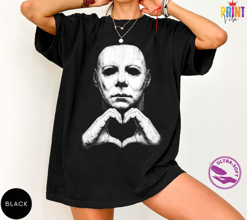 Comfort Colors® Michael Myers Heart Hands Tee, Vintage Horror Movie Shirt, Halloween Slasher Graphic Apparel image 2