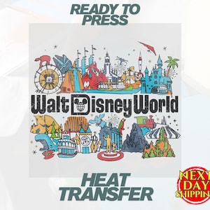 Puede incluir: Dise&ntilde;o de transferencia de calor blanco con las palabras "READY TO PRESS" y "HEAT TRANSFER". El dise&ntilde;o incluye una colorida ilustraci&oacute;n de los monumentos de Walt Disney World y las palabras "Walt Disney World".