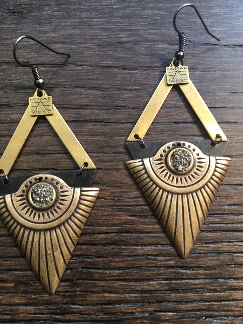 black bohemian fashion Egyptian nomad west gold celestial Cleo Earrings brass gemstone geometric pyrite