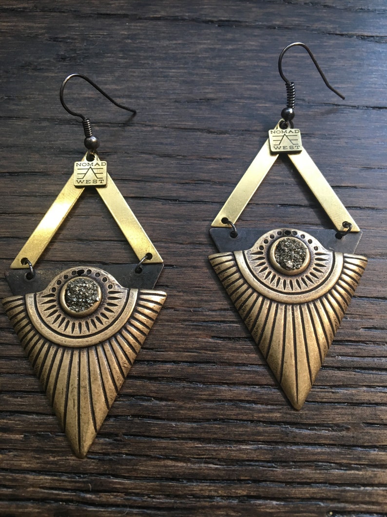 black bohemian fashion Egyptian nomad west gold celestial Cleo Earrings brass gemstone geometric pyrite