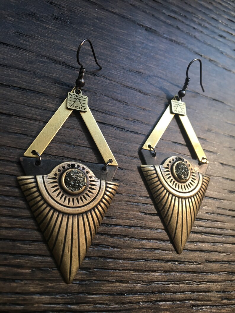 black bohemian fashion Egyptian nomad west gold celestial Cleo Earrings brass gemstone geometric pyrite