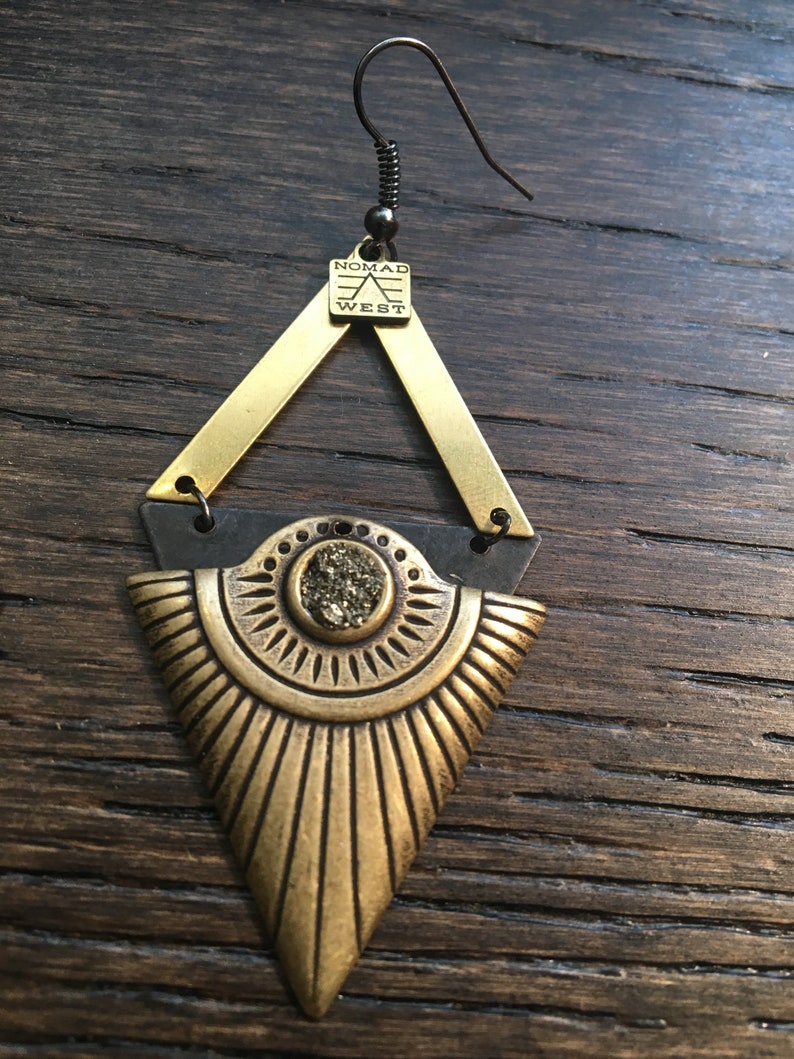 black bohemian fashion Egyptian nomad west gold celestial Cleo Earrings brass gemstone geometric pyrite