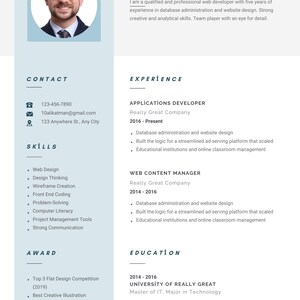 May include: A professional CV template featuring a headshot, contact details, skills, experience, and education sections. The CV is for a web developer named Liam Smith.