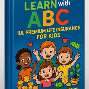 May include: A blue book cover with the title "LEARN with ABC" in green, orange, and red. The cover features illustrations of children, coins, and money. Text on the cover reads "IUL PREMIUM LIFE INSURANCE FOR KIDS" and "LOVE • LEGACY • LIFE PROTECTION".