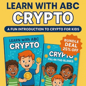 Puede incluir: Imagen promocional de "Learn with ABC Crypto" con dos libros infantiles con ilustraciones de dibujos animados de niños y símbolos de Bitcoin. La imagen incluye el texto "Una divertida introducción a las criptomonedas para niños" y una oferta de "Paquete".