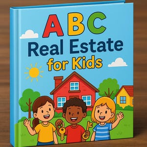 May include: A children's book titled "ABC Real Estate for Kids" with a blue cover. The cover features cartoon illustrations of children, houses, a sun, and clouds. The title is in large, colorful letters.