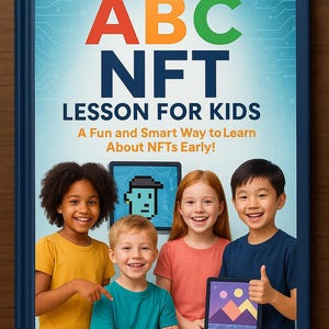 Może przedstawiać: Okładka książki z tytułem "ABC NFT LESSON FOR KIDS" w kolorowych literach. Obraz przedstawia czworo uśmiechniętych dzieci i tekst "A Fun and Smart Way to Learn About NFTs Early!". Adres strony internetowej www.Learnwithabc365.com jest wyświetlany na dole.