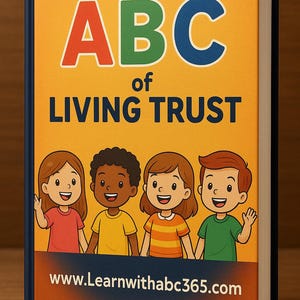 May include: A hardcover book titled "ABC of Living Trust" with colorful illustrations. The cover features the title in large, bold letters and a group of diverse children. The website address www.Learnwithabc365.com is at the bottom.