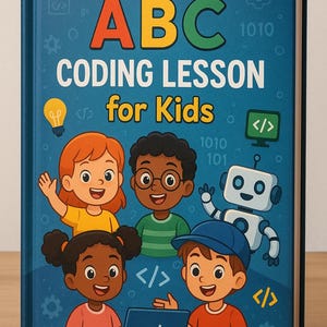Puede incluir: Portada de libro azul con el título "ABC Coding Lesson for Kids". La portada presenta ilustraciones de niños y un robot, con símbolos de codificación y el sitio web www.Learnwithabc365.com.