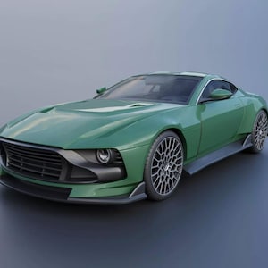 May include: A sleek, two-door sports car finished in a matte sage green paint. The vehicle features a low-profile front splitter, a dark horizontal grille, circular headlights, and intricate multi-spoke alloy wheels with low-profile tires.