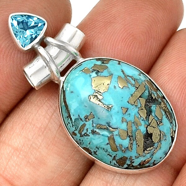 Exquisite & Genuine Untreated Turquoise in a Pyrite Matrix in Solid Sterling Silver Pendant. Blue Topaz Accent. 1 1/2" Long. 2188