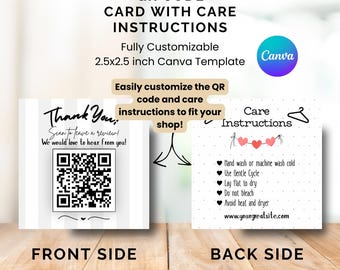 Leave A Review + Care Instructions Card | QR Code Thank You Insert | 2.5x2.5 in Business Card | Small Business Packaging | Canva Template