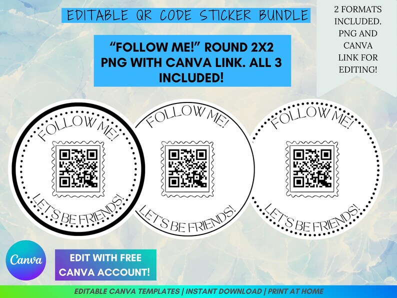 Qr Code Follow Label Follow Me! Editable QR Code Sticker Bundle | 2x2 Round Printable Labels ...