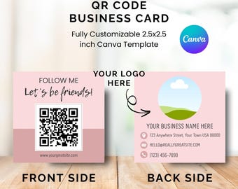 Minimalist QR Code “Follow Me” Business Card | Editable 2.5x2.5 inch Canva Template | Blush Pink Small Business Contact Card