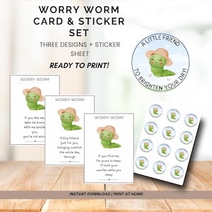 May include: A Worry Worm card and sticker set with three designs and a sticker sheet. The cards feature a green worm wearing a hat. The text on the cards reads "A tiny friend, just for you, bringing comfort the whole day through."