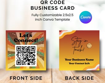 Retro QR Code Business Card – 2.5x2.5” Canva Business Card Template | Editable Let’s Connect Card | Small Business Packaging Insert