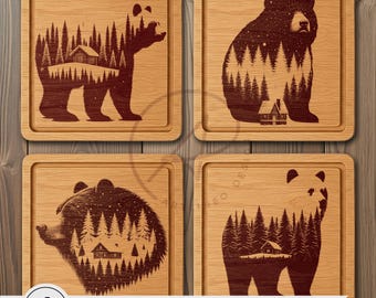 Bear Forest Double Exposure SVG Bundle : Laser Engraving Cutting Board Files (Digital Download)