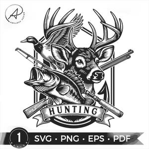 Hunting Fishing Club SVG: Deer, Guns, Ducks & Fish Clipart (Digital Download)