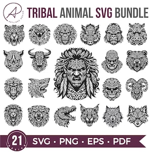Tribal Animal Head SVG Bundle: Tattoo Art, T-Shirt Design (Digital Download)