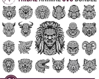 Tribal Animal Head SVG Bundle: Tattoo Art, T-Shirt Design (Digital Download)