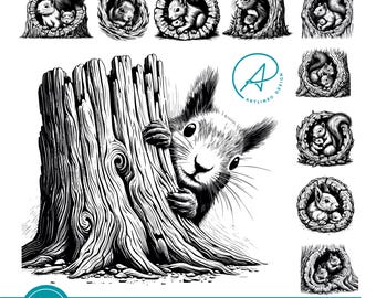 Squirrel in Tree Hollow SVG Bundle : Woodland Animal Clipart (digital download)