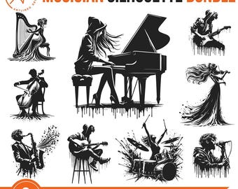 Musician Silhouette SVG Bundle: Singer, Guitar, Piano, Drums (Digital Download)