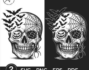 Halloween Skull SVG: Spider, Bats, Jack-o'-lantern,  Slate Engraving, Laser Engraving Files (Digital Download)