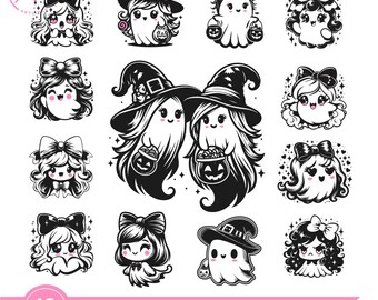 Halloween Ghost SVG Bundle : Kawaii Witch Ghosts Clipart (digital download)