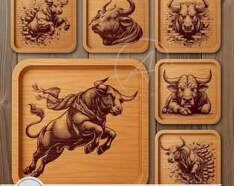 Ensemble SVG Illustration de taureau : fichiers de planche à découper pour gravure laser (téléchargement numérique)