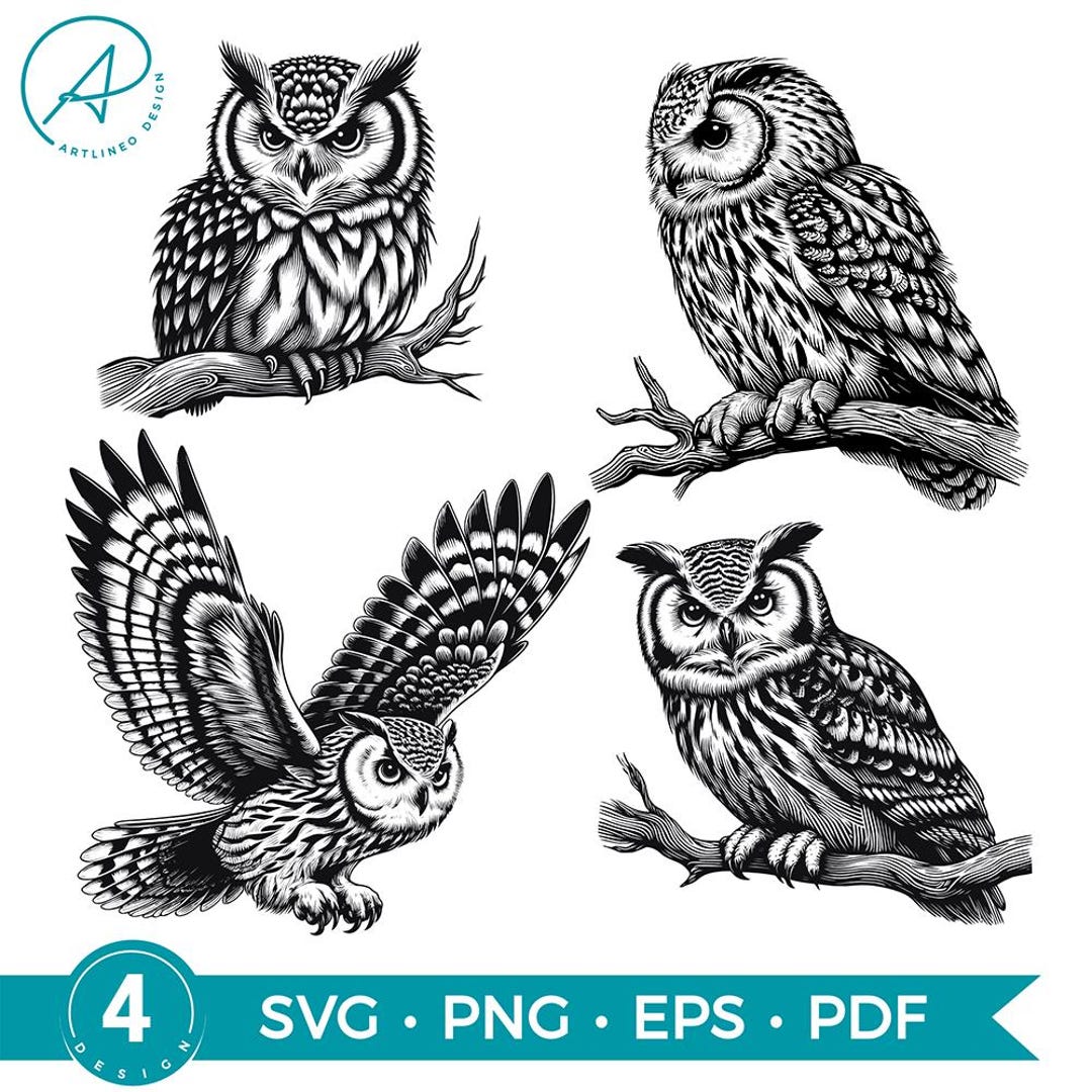 ヴィンテージフクロウのクリップアート：手描きイラスト SVG バンドル