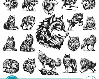 Wolf Illustrations SVG's Bundle :  Wolf Vector Designs (digital download)