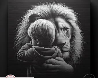 Lion Child Embrace PNG: Black Background Sublimation, Laser Engraving (Digital Download)