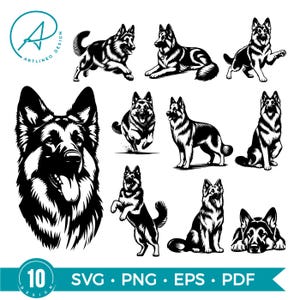 Pode incluir: Uma coleção de dez ilustrações a preto e branco de cães Pastor Alemão em várias poses. Os desenhos incluem um cão a correr, um cão sentado e uma cara de cão. A imagem também inclui o texto "SVG, PNG, EPS, PDF".