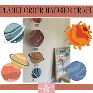 May include: A planet order hanging craft kit featuring illustrated cutouts of the sun and planets including Mars, Jupiter, Saturn, and Uranus. The set includes circular planet graphics with labels and a display board with the text Outer Space.