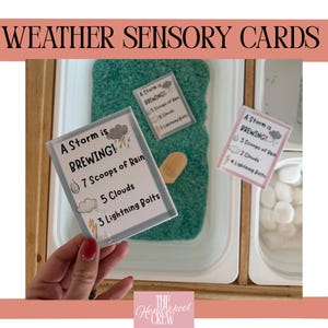 May include: Weather sensory cards with the text "A Storm is Brewing!" and weather-related illustrations. The cards show the number of scoops of rain, clouds, and lightning bolts. The cards are in a sensory bin with green and white materials.