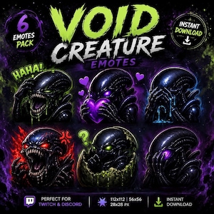 May include: A digital art pack featuring six alien creature emotes with various expressions. The emotes include a laughing face, a heart-holding creature, a crying face, an angry face, a creature with a question mark, and a creature in an egg. The text reads "VOID CREATURE EMOTES".